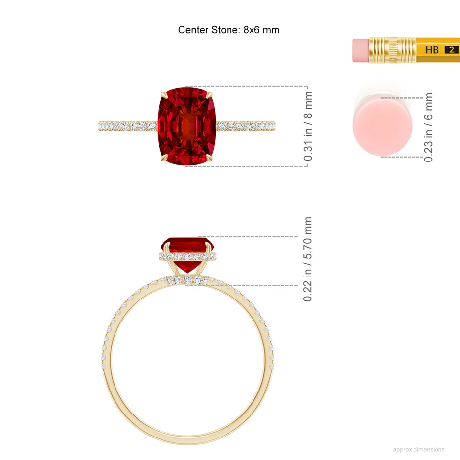 8x6mm Labgrown Lab-Grown Thin Shank Cushion Ruby Ring with Lab Diamond Accents in 9K Yellow Gold ruler