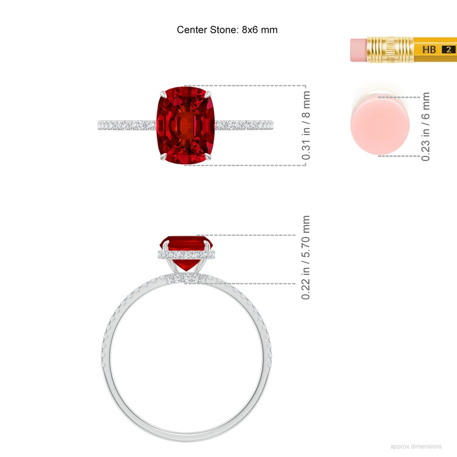 8x6mm Labgrown Lab-Grown Thin Shank Cushion Ruby Ring with Lab Diamond Accents in White Gold ruler