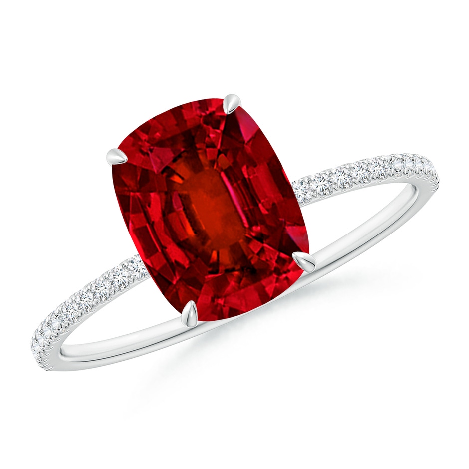 9x7mm Labgrown Lab-Grown Thin Shank Cushion Ruby Ring with Lab Diamond Accents in White Gold 