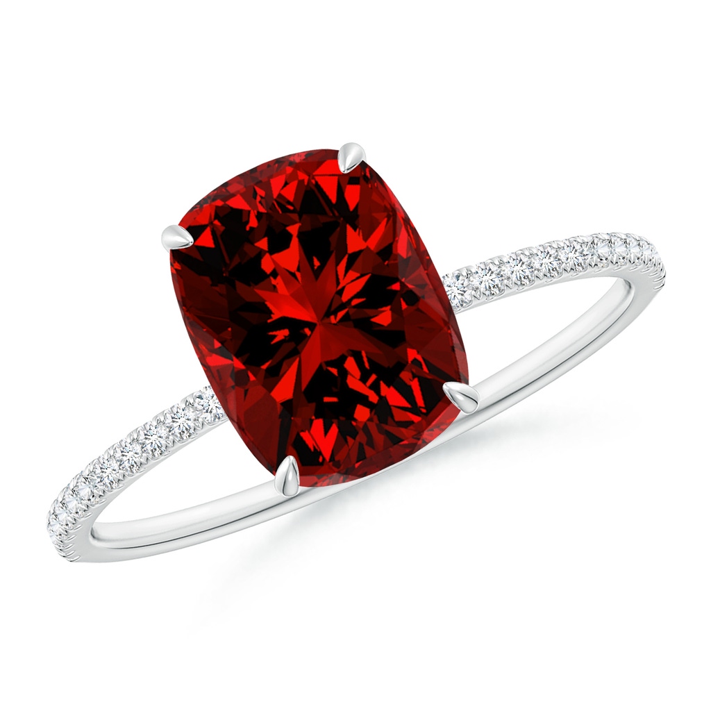 9x7mm Labgrown Lab-Grown Thin Shank Cushion Ruby Ring with Diamond Accents in White Gold