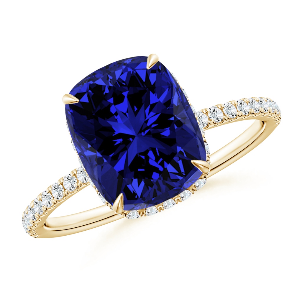 10x8mm Labgrown Lab-Grown Thin Shank Cushion Sapphire Ring with Diamond Accents in Yellow Gold
