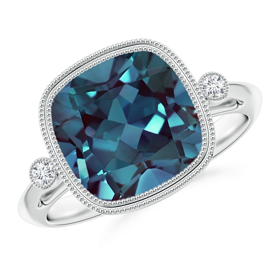 10mm Labgrown Bezel Set Cushion Lab-Grown Alexandrite Ring with Milgrain Detailing in White Gold 