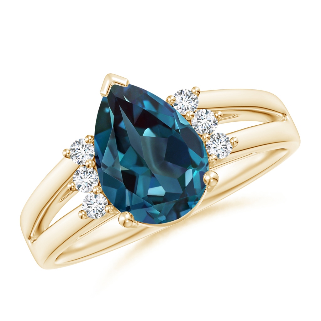 10x7mm Labgrown Pear Lab-Grown Alexandrite Ring with Triple Diamond Accents in Yellow Gold