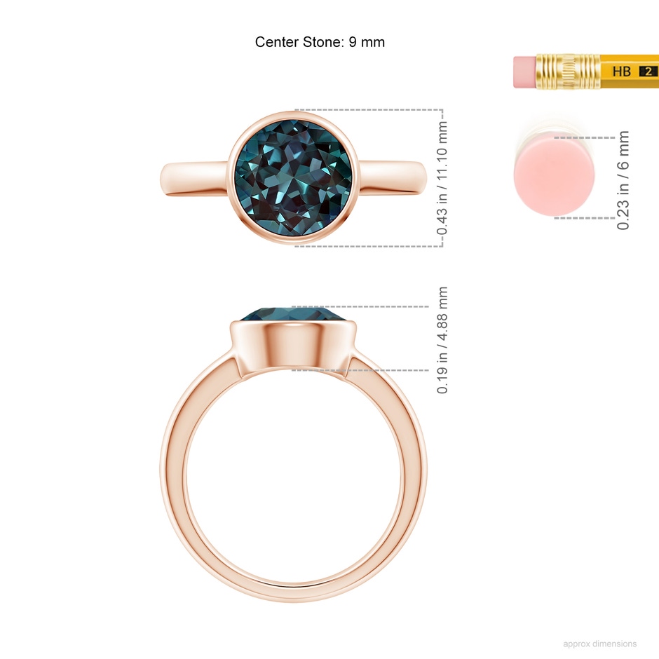 9mm Labgrown Bezel-Set Round Lab-Grown Alexandrite Solitaire Engagement Ring in 18K Rose Gold ruler