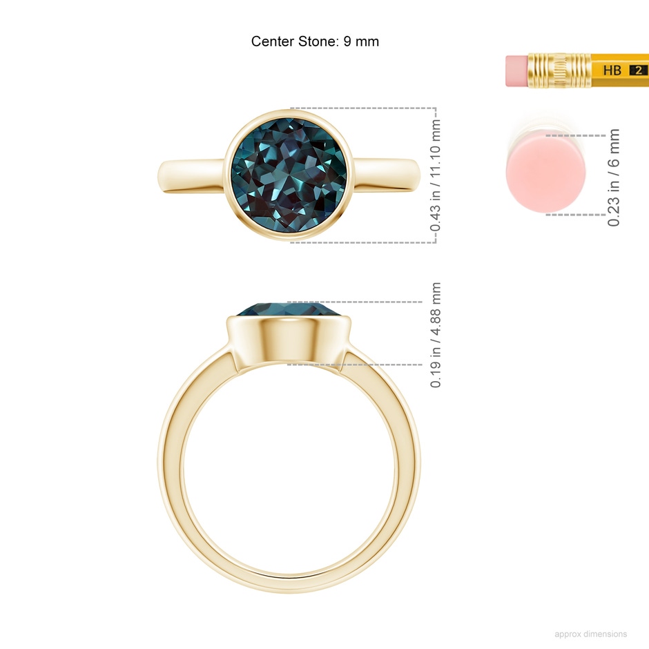 9mm Labgrown Bezel-Set Round Lab-Grown Alexandrite Solitaire Engagement Ring in Yellow Gold ruler