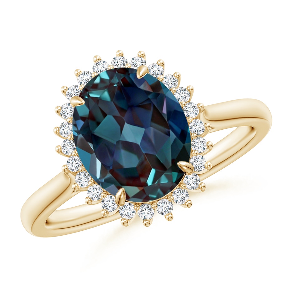 10x8mm Labgrown Classic Oval Lab-Grown Alexandrite Floral Halo Ring in Yellow Gold 