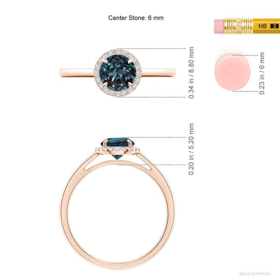 6mm Labgrown Round Lab-Grown Alexandrite Cathedral Ring with Diamond Halo in 18K Rose Gold ruler