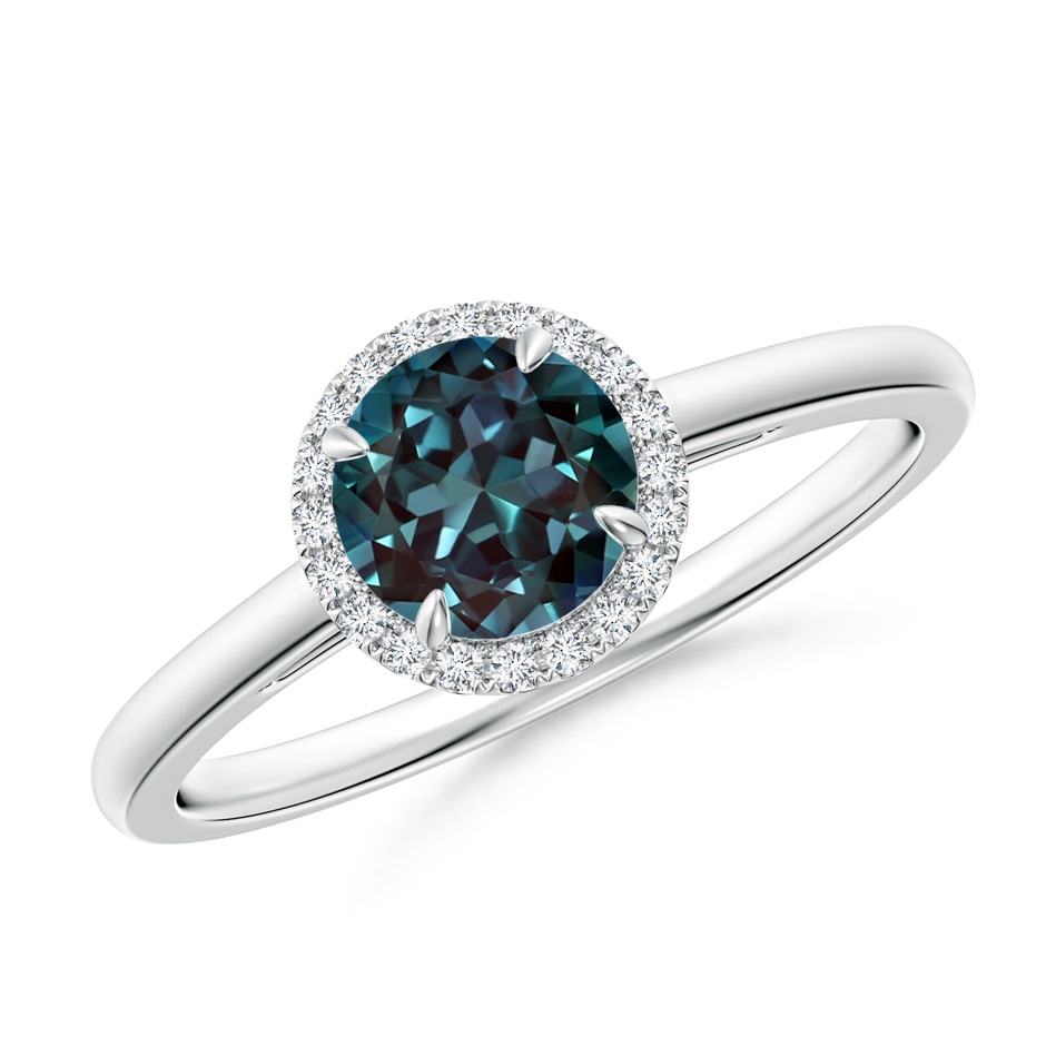 6mm Labgrown Round Lab-Grown Alexandrite Cathedral Ring with Diamond Halo in 18K White Gold 
