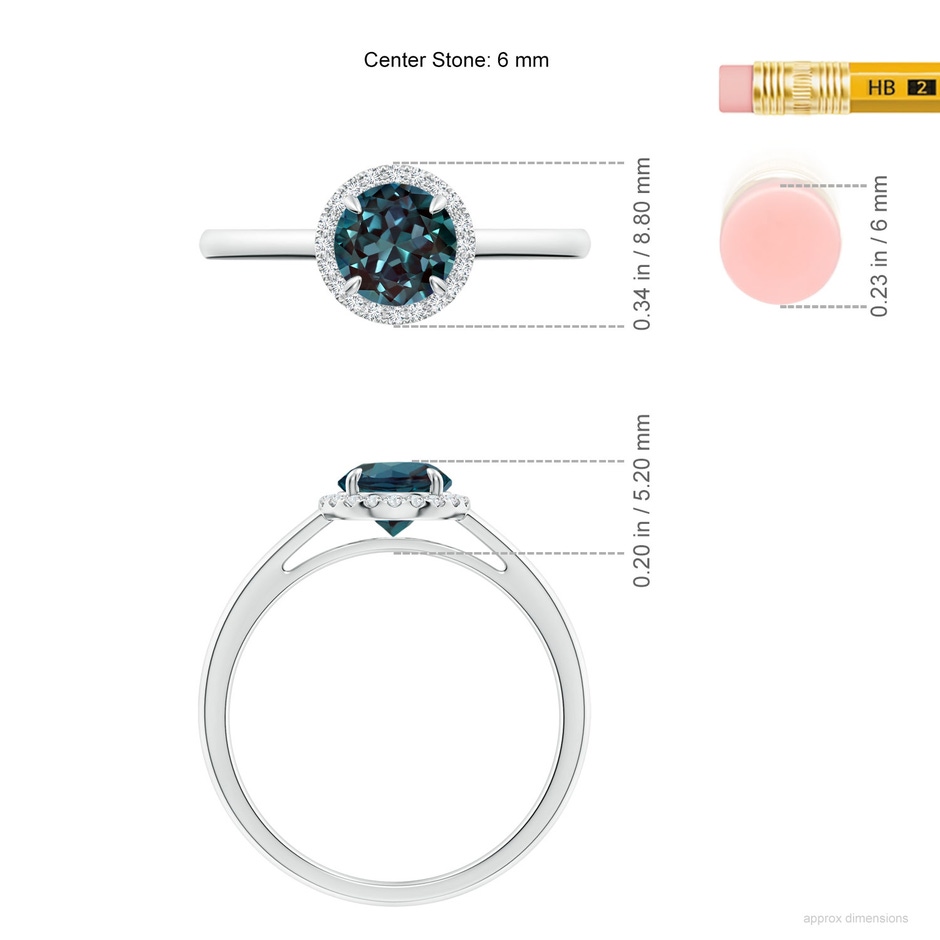 6mm Labgrown Round Lab-Grown Alexandrite Cathedral Ring with Diamond Halo in 18K White Gold ruler
