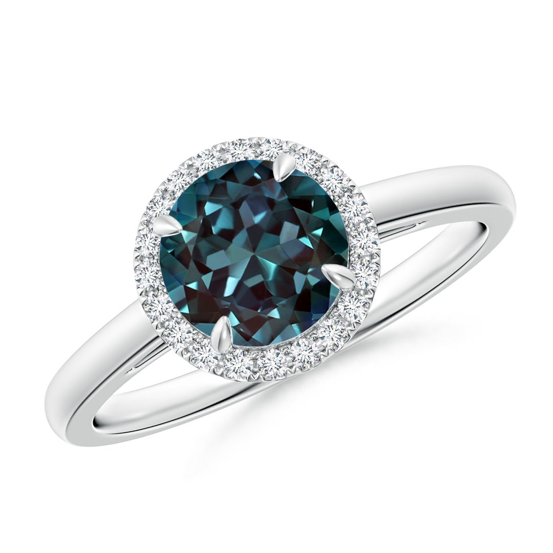 Round Lab-Grown Alexandrite Cathedral Ring with Diamond Halo