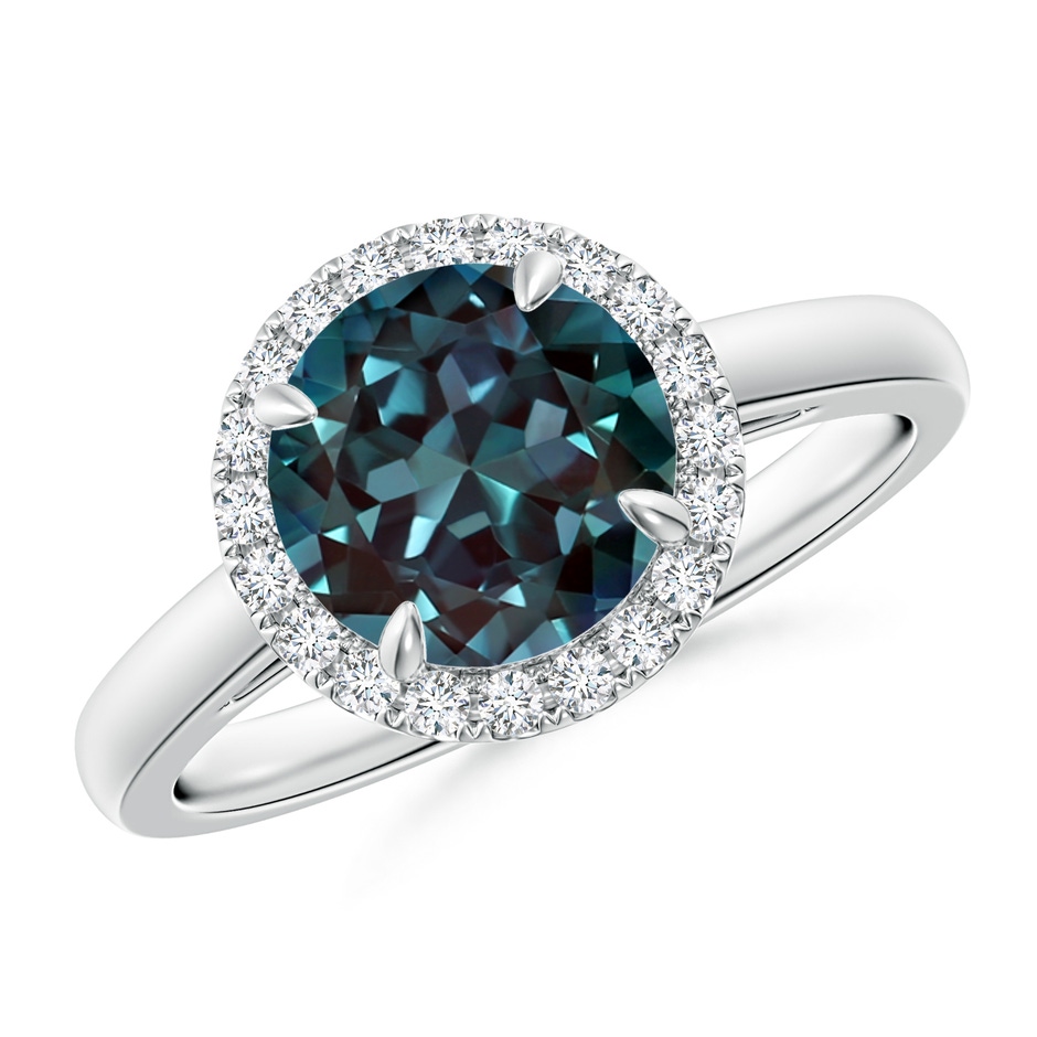 8mm Labgrown Round Lab-Grown Alexandrite Cathedral Ring with Diamond Halo in P950 Platinum 