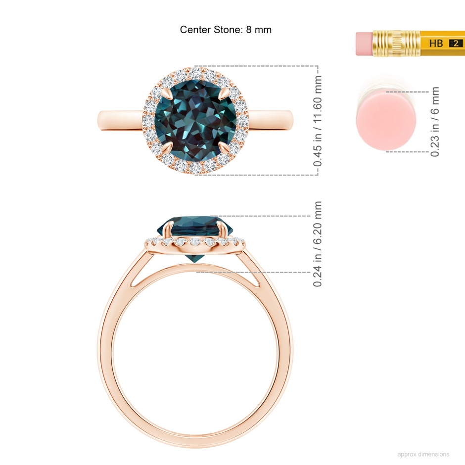 8mm Labgrown Round Lab-Grown Alexandrite Cathedral Ring with Diamond Halo in Rose Gold ruler