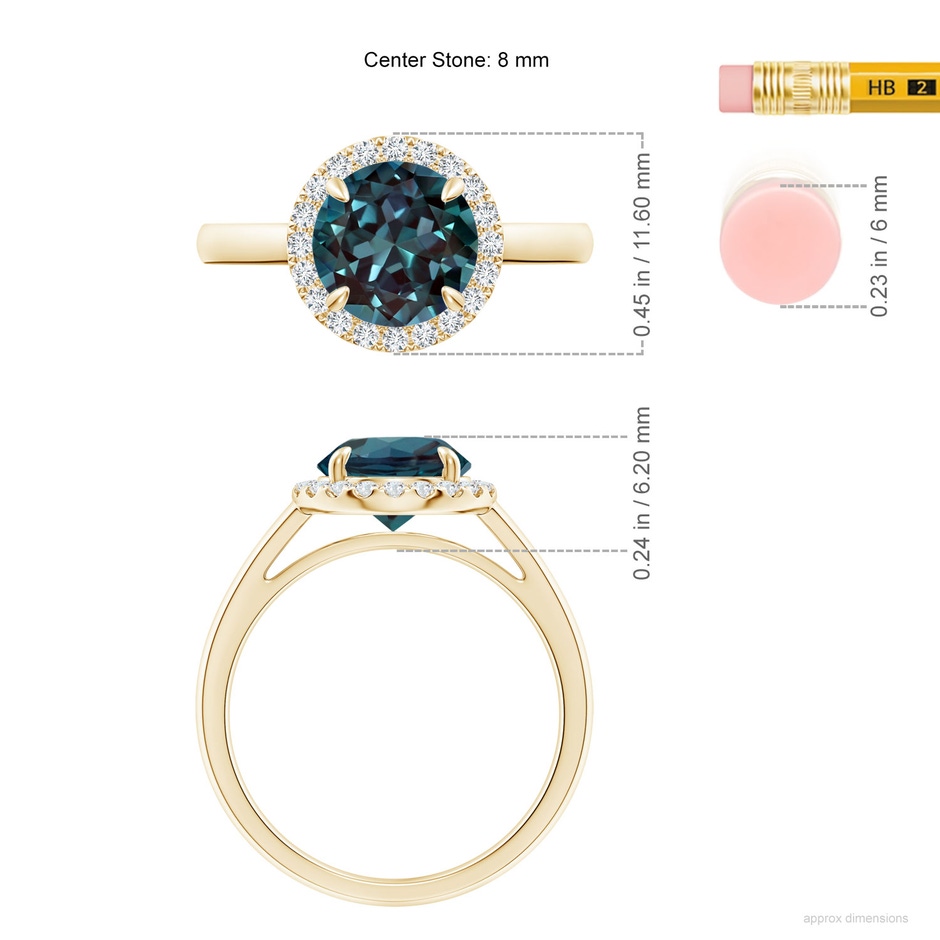 8mm Labgrown Round Lab-Grown Alexandrite Cathedral Ring with Diamond Halo in Yellow Gold ruler
