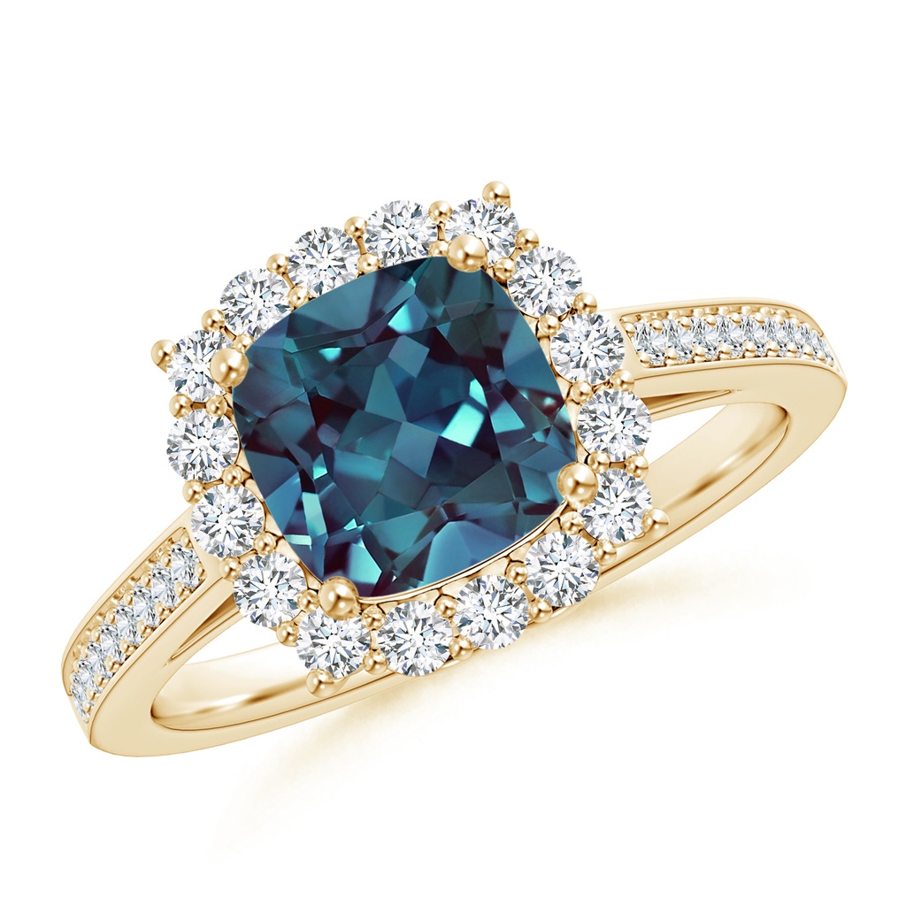 7mm Labgrown Cushion Lab-Grown Alexandrite Cocktail Ring with Diamond Halo in Yellow Gold