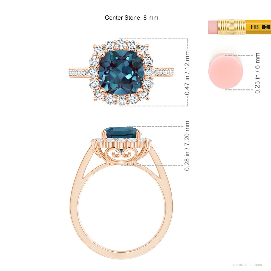 8mm Labgrown Cushion Lab-Grown Alexandrite Cocktail Ring with Diamond Halo in Rose Gold ruler