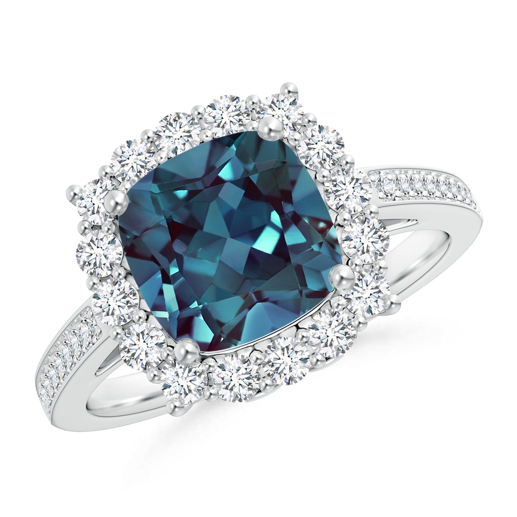 8mm Labgrown Cushion Lab-Grown Alexandrite Cocktail Ring with Diamond Halo in White Gold