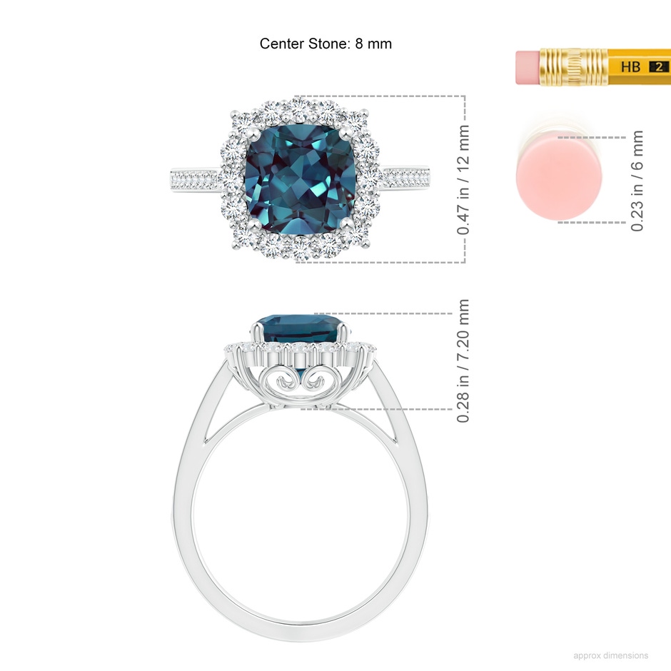 8mm Labgrown Cushion Lab-Grown Alexandrite Cocktail Ring with Diamond Halo in White Gold ruler