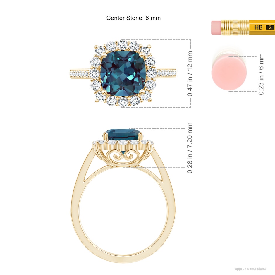 8mm Labgrown Cushion Lab-Grown Alexandrite Cocktail Ring with Diamond Halo in Yellow Gold ruler