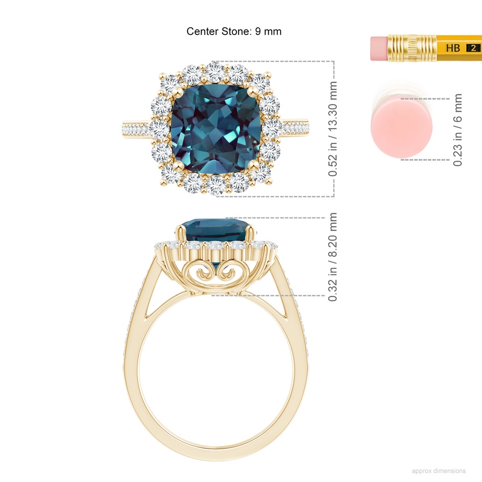 9mm Labgrown Cushion Lab-Grown Alexandrite Cocktail Ring with Diamond Halo in 18K Yellow Gold ruler