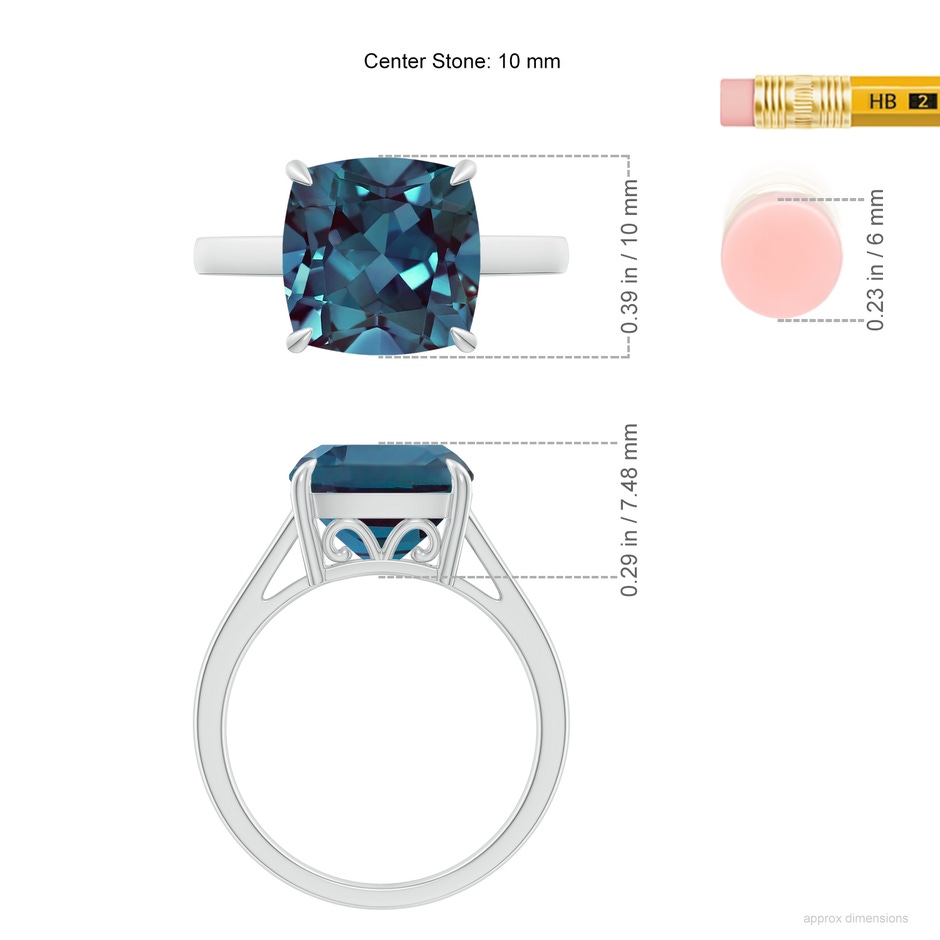 10mm Labgrown Classic Solitaire Cushion Lab-Grown Alexandrite Cocktail Ring in P950 Platinum ruler