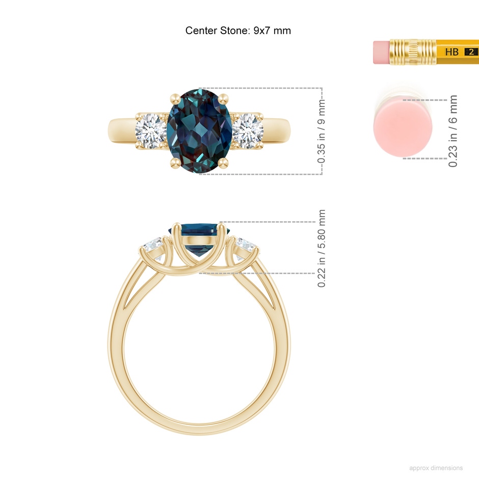 9x7mm Labgrown Oval Lab-Grown Alexandrite Ring with Diamond Accents in Yellow Gold ruler