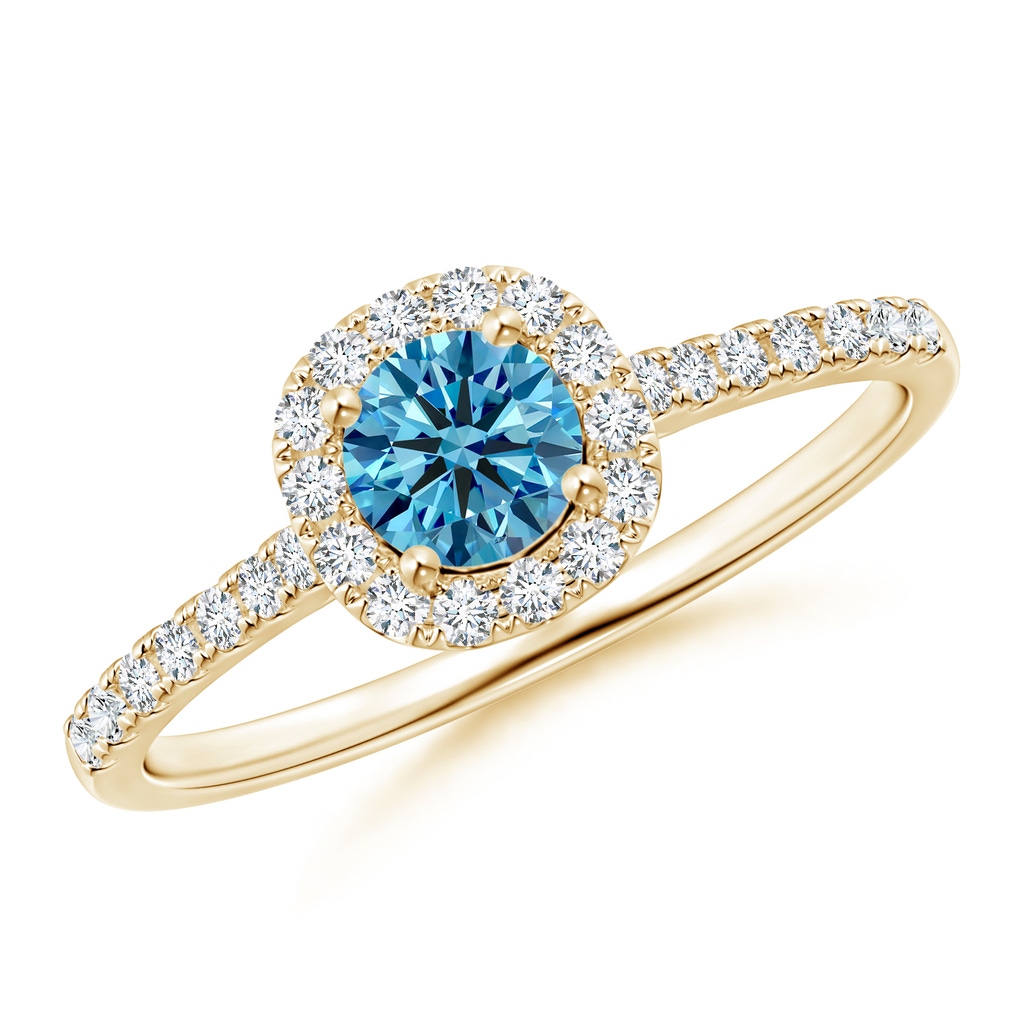 4.5mm Labgrown Round Lab-Grown Fancy Intense Blue Diamond Halo Ring with Accents in Yellow Gold