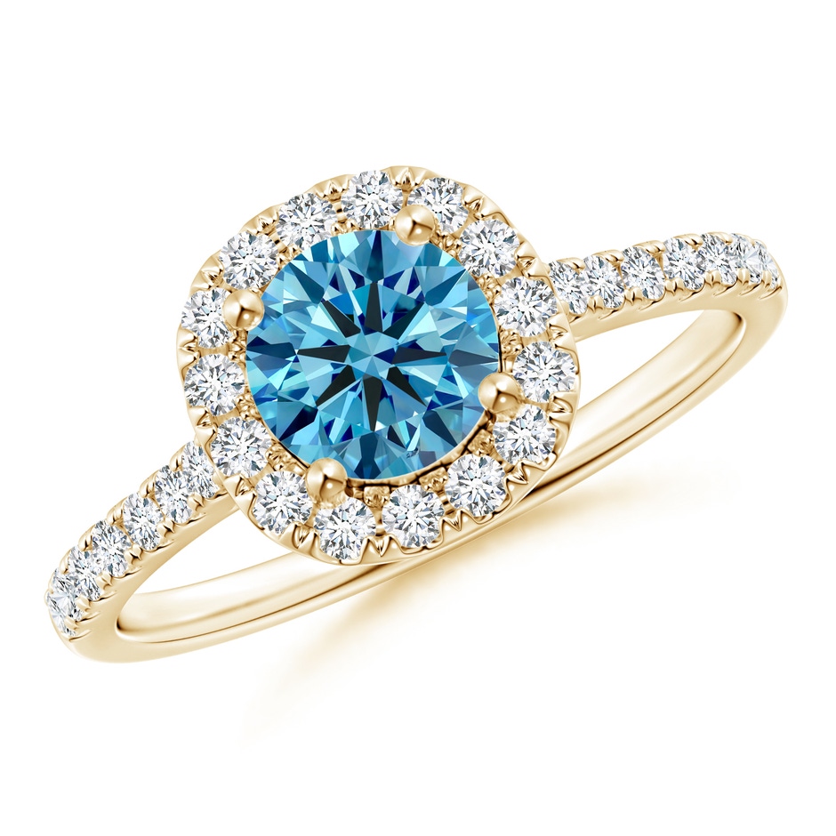 5.8mm Labgrown Round Lab-Grown Fancy Intense Blue Diamond Halo Ring with Accents in Yellow Gold 