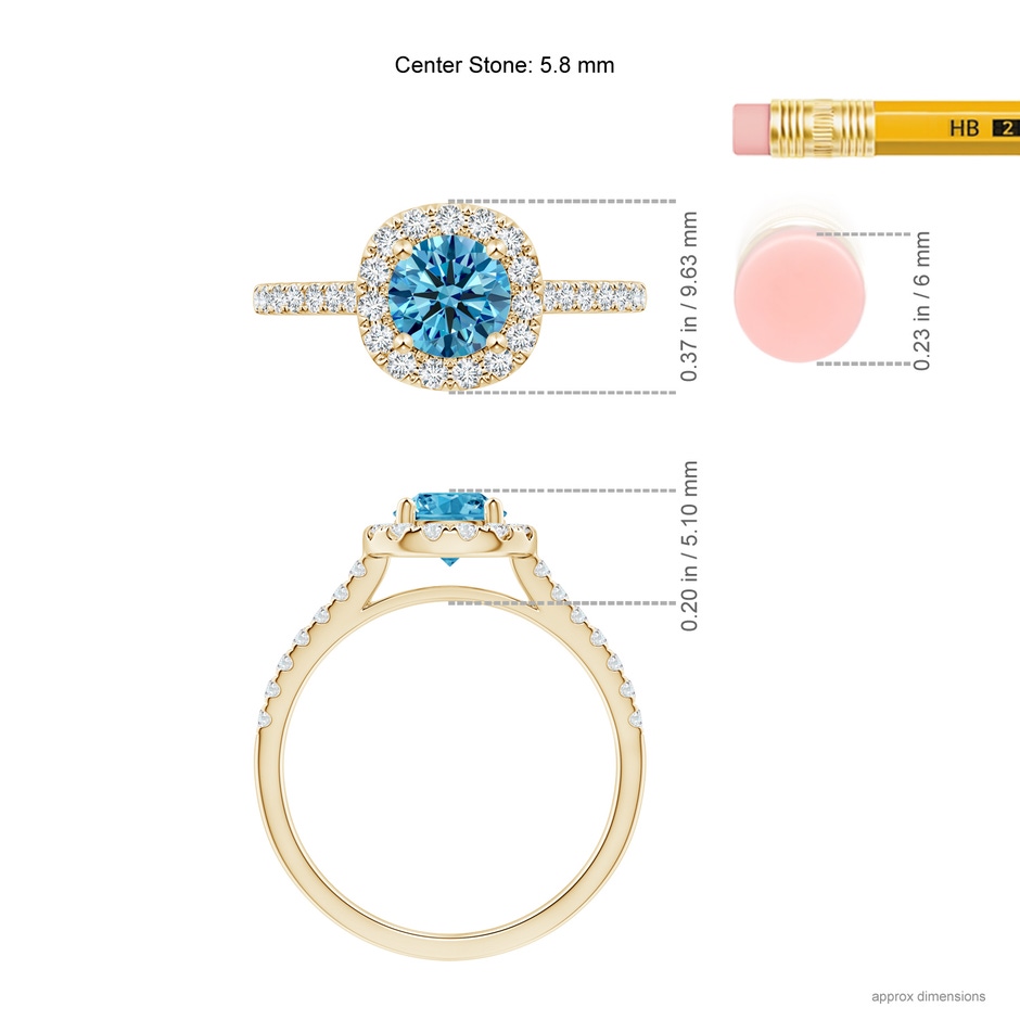 5.8mm Labgrown Round Lab-Grown Fancy Intense Blue Diamond Halo Ring with Accents in Yellow Gold ruler