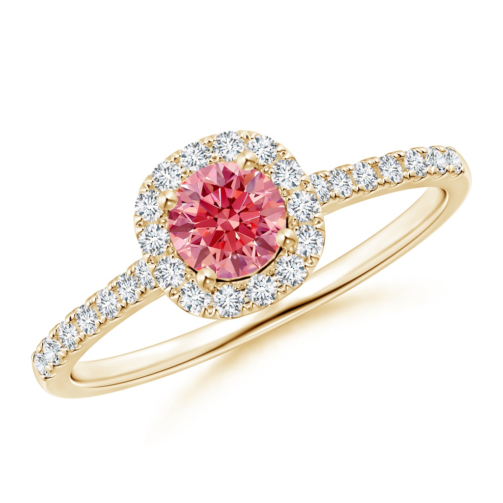 4.5mm Labgrown Round Lab-Grown Fancy Intense Pink Diamond Halo Ring with Accents in Yellow Gold