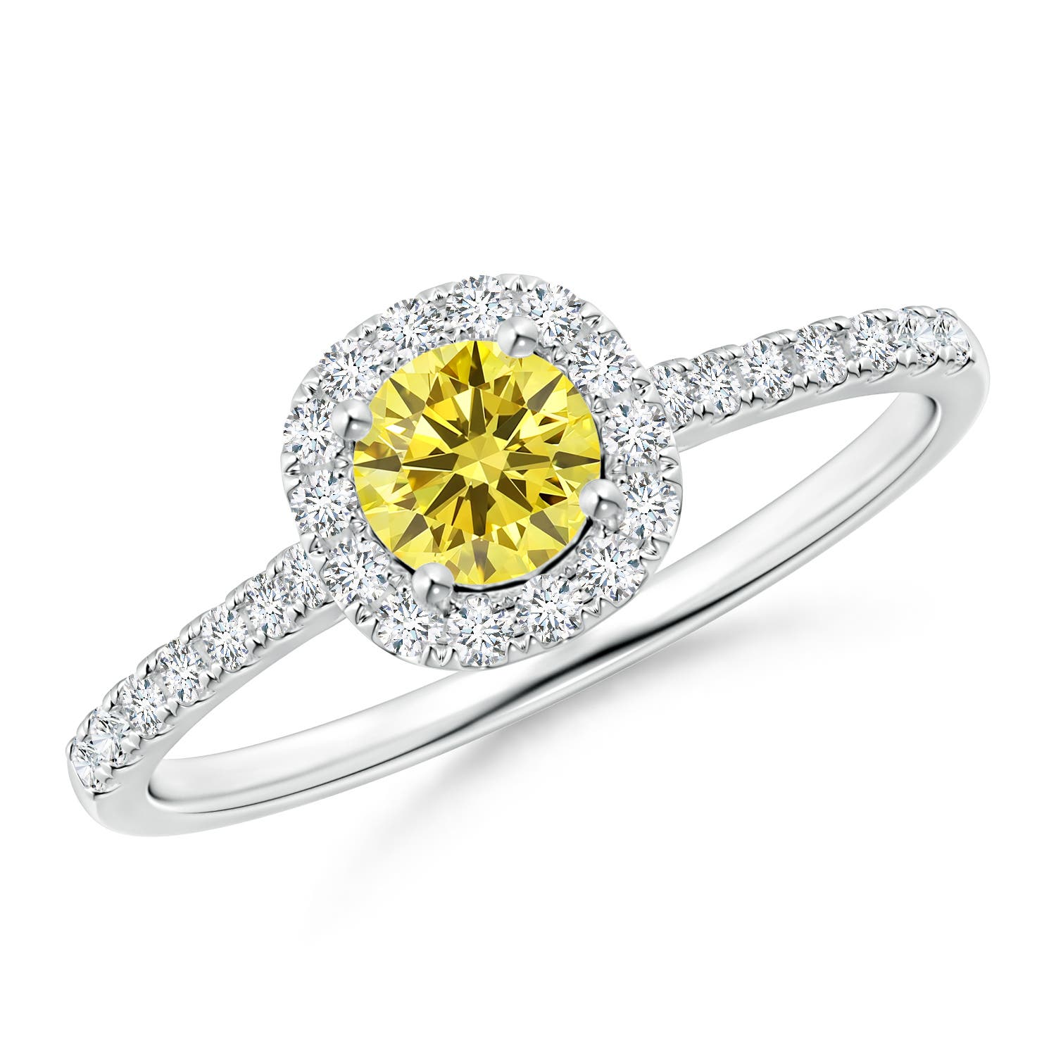 4.5mm Labgrown Round Lab-Grown Fancy Intense Yellow Diamond Halo Ring with Accents in 18K White Gold