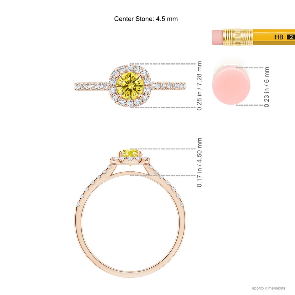 4.5mm Labgrown Round Lab-Grown Fancy Intense Yellow Diamond Halo Ring with Accents in Rose Gold ruler
