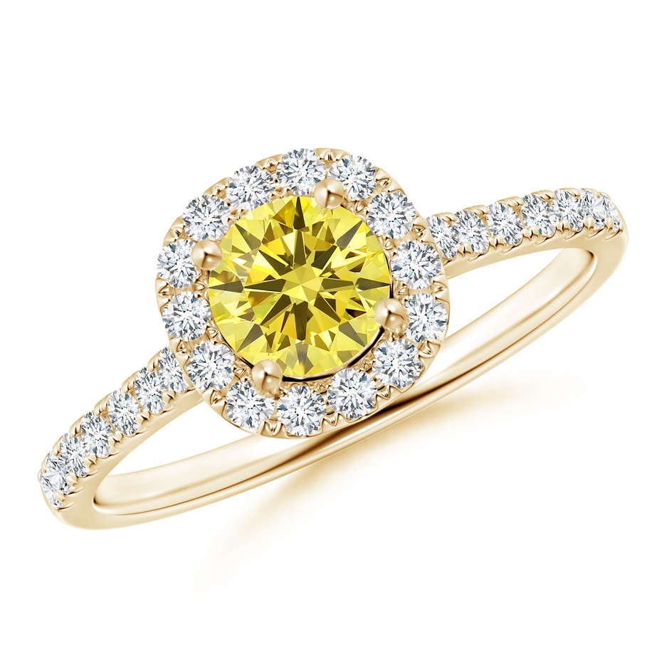 5.2mm Labgrown Round Lab-Grown Fancy Intense Yellow Diamond Halo Ring with Accents in 18K Yellow Gold 
