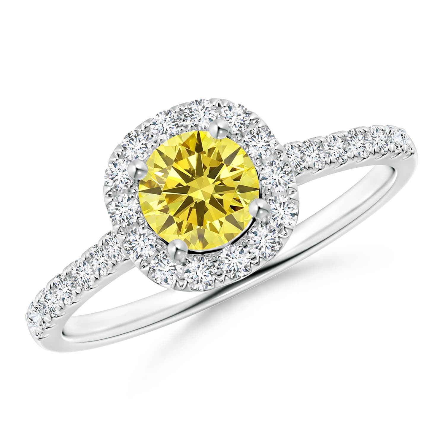 5.2mm Labgrown Round Lab-Grown Fancy Intense Yellow Diamond Halo Ring with Accents in P950 Platinum