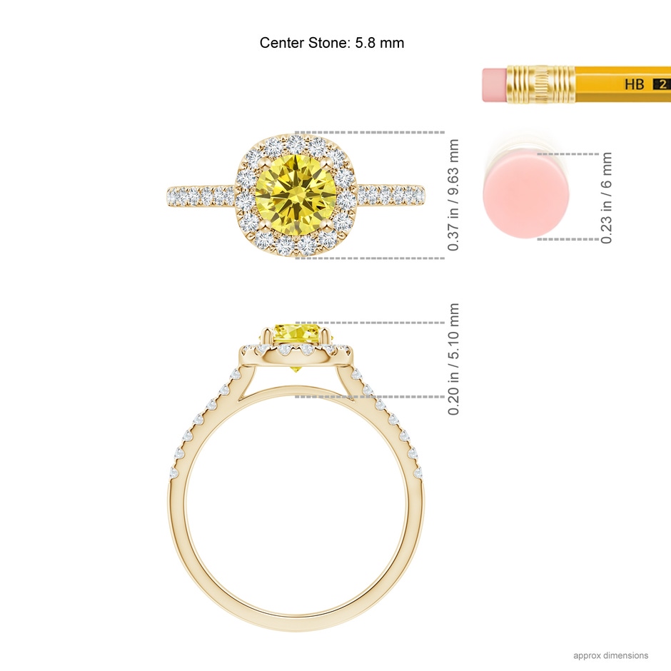 5.8mm Labgrown Round Lab-Grown Fancy Intense Yellow Diamond Halo Ring with Accents in Yellow Gold ruler