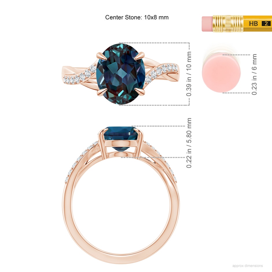 10x8mm Labgrown Oval Lab-Grown Alexandrite Split Shank Ring with Diamond Accents in 18K Rose Gold ruler