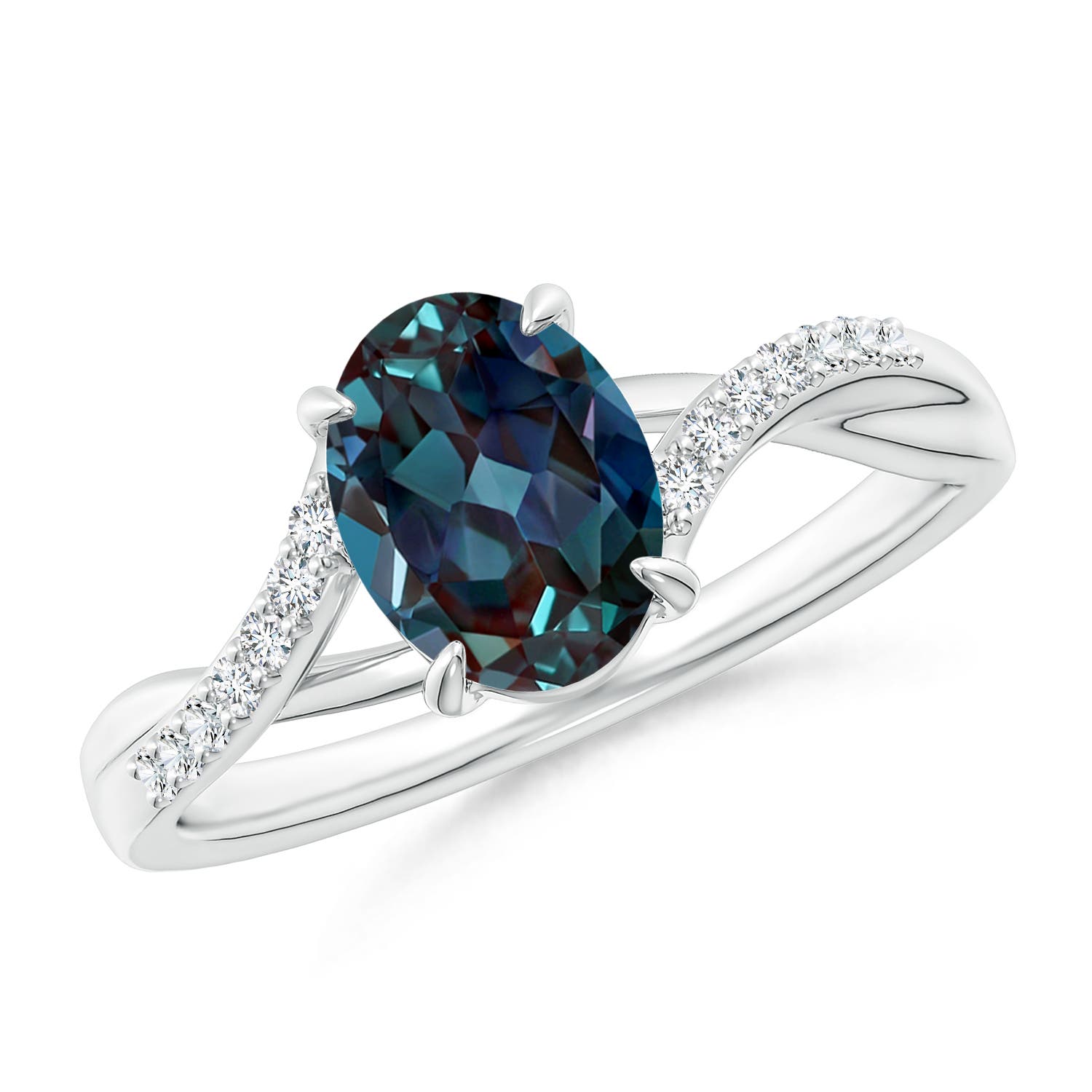 8x6mm Labgrown Oval Lab-Grown Alexandrite Split Shank Ring with Diamond Accents in 18K White Gold