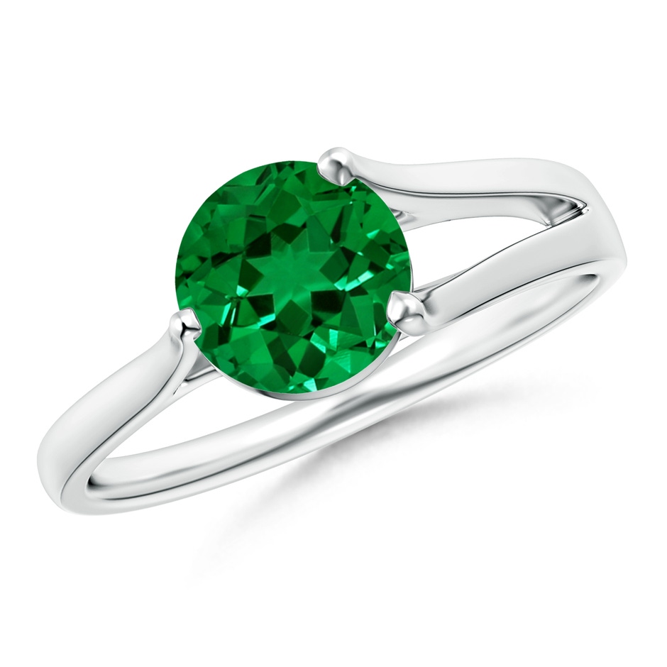 7mm Labgrown Lab-Grown One Sided Split Shank Round Emerald Solitaire Ring in White Gold 