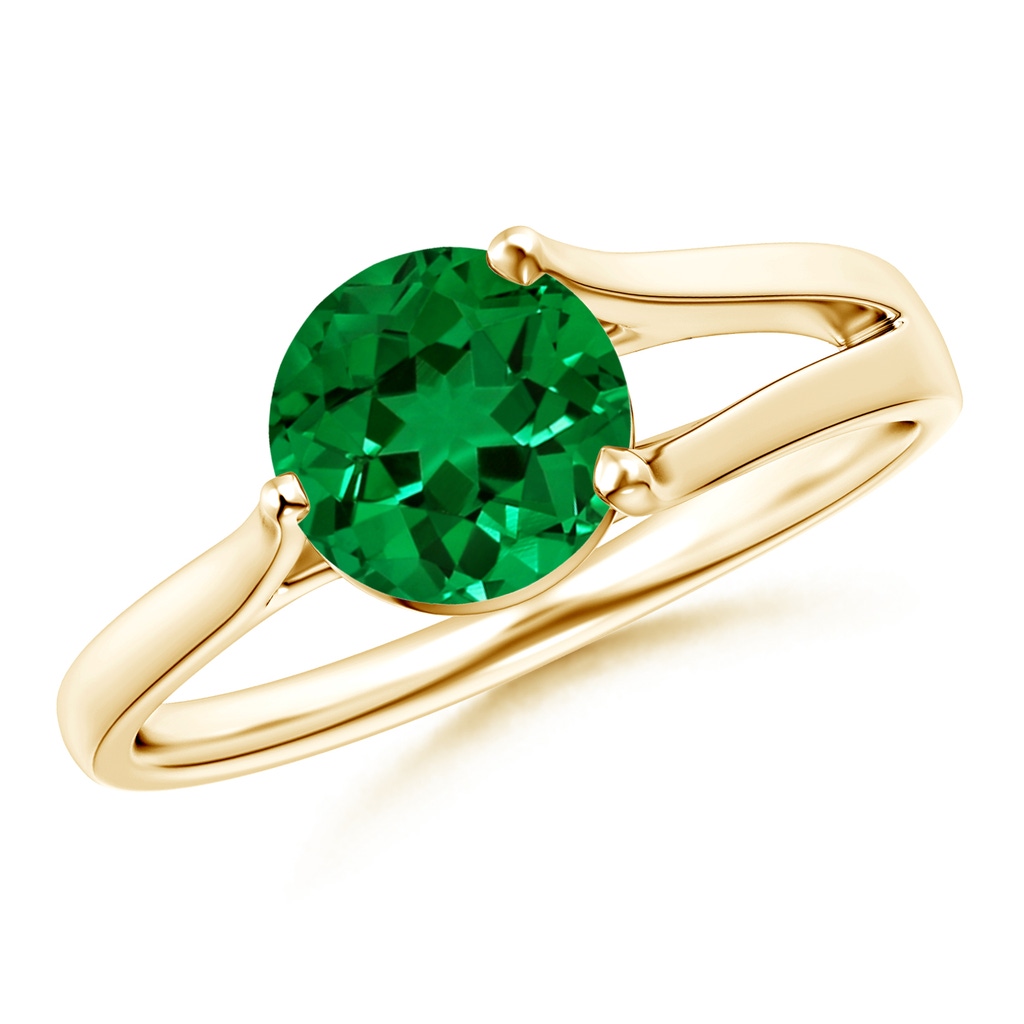 7mm Labgrown Lab-Grown One Sided Split Shank Round Emerald Solitaire Ring in Yellow Gold