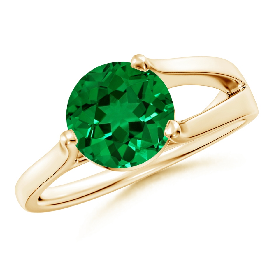 8mm Labgrown Lab-Grown One Sided Split Shank Round Emerald Solitaire Ring in 18K Yellow Gold 