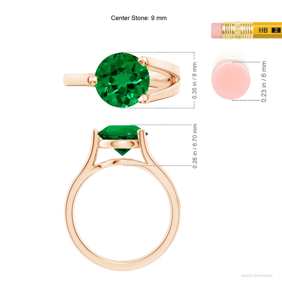 9mm Labgrown Lab-Grown One Sided Split Shank Round Emerald Solitaire Ring in Rose Gold ruler