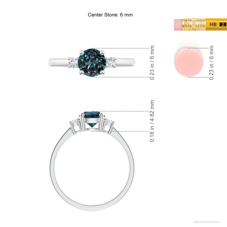 6mm Labgrown Prong-Set Round 3 Stone Lab-Grown Alexandrite and Diamond Ring in 18K White Gold ruler