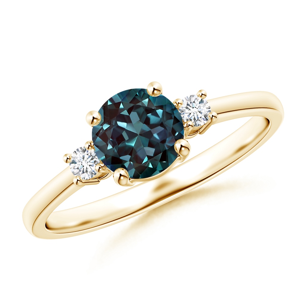 6mm Labgrown Prong-Set Round 3 Stone Lab-Grown Alexandrite and Diamond Ring in Yellow Gold