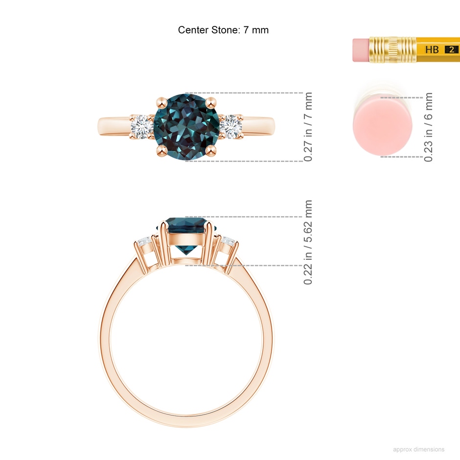 7mm Labgrown Prong-Set Round 3 Stone Lab-Grown Alexandrite and Diamond Ring in 18K Rose Gold ruler