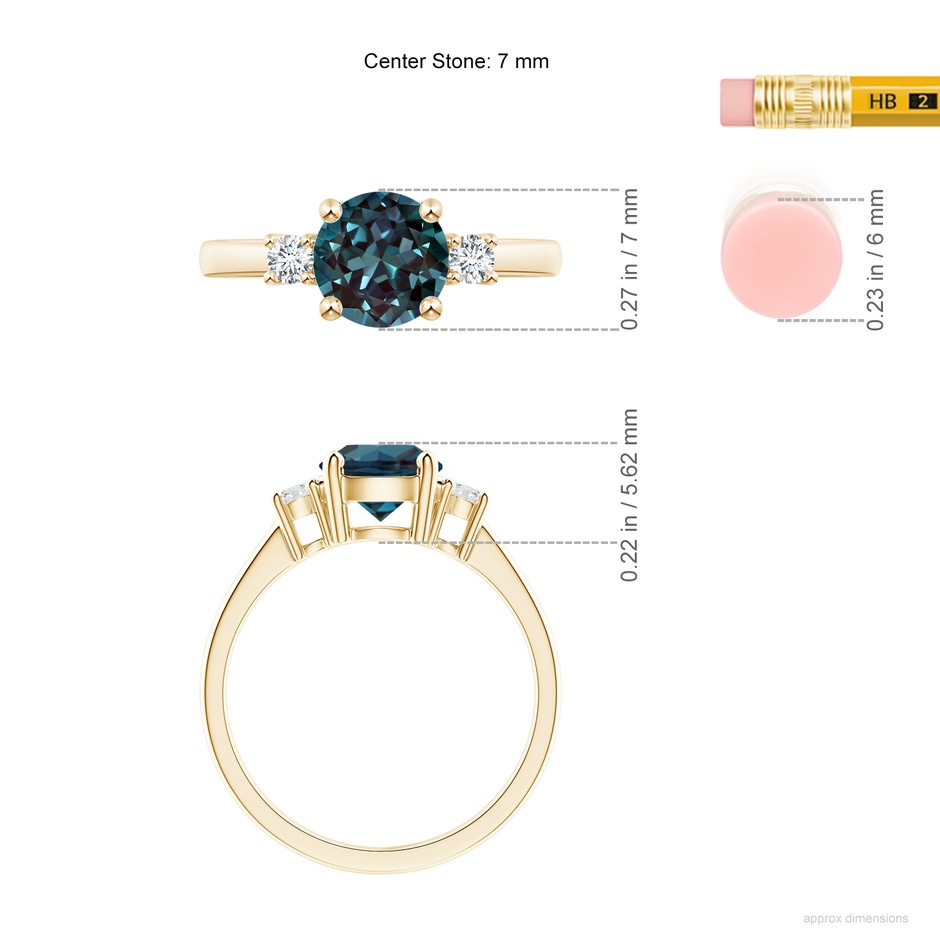 7mm Labgrown Prong-Set Round 3 Stone Lab-Grown Alexandrite and Diamond Ring in 18K Yellow Gold ruler