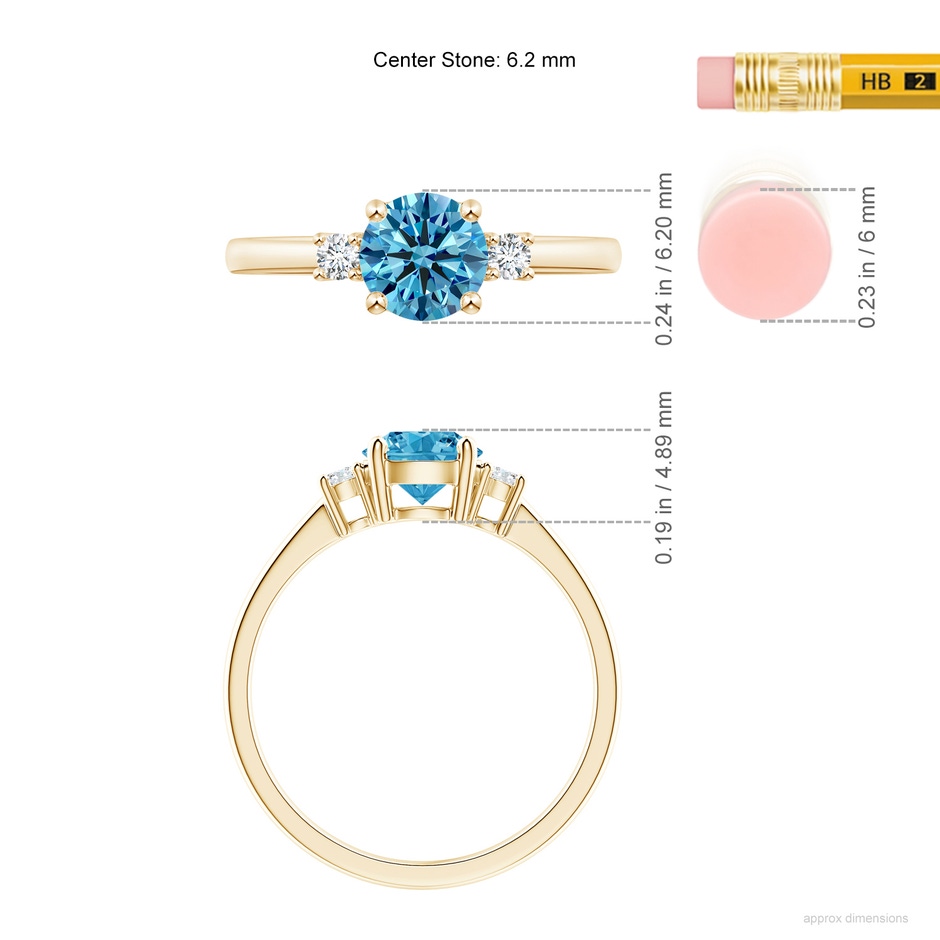 6.2mm Labgrown Prong-Set Round 3 Stone Lab-Grown Fancy Intense Blue and White Diamond Ring in Yellow Gold ruler