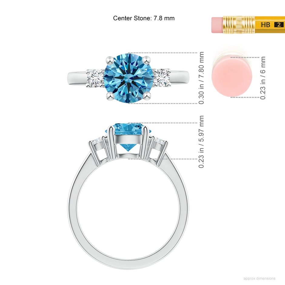 7.8mm Labgrown Prong-Set Round 3 Stone Lab-Grown Fancy Intense Blue and White Diamond Ring in P950 Platinum ruler