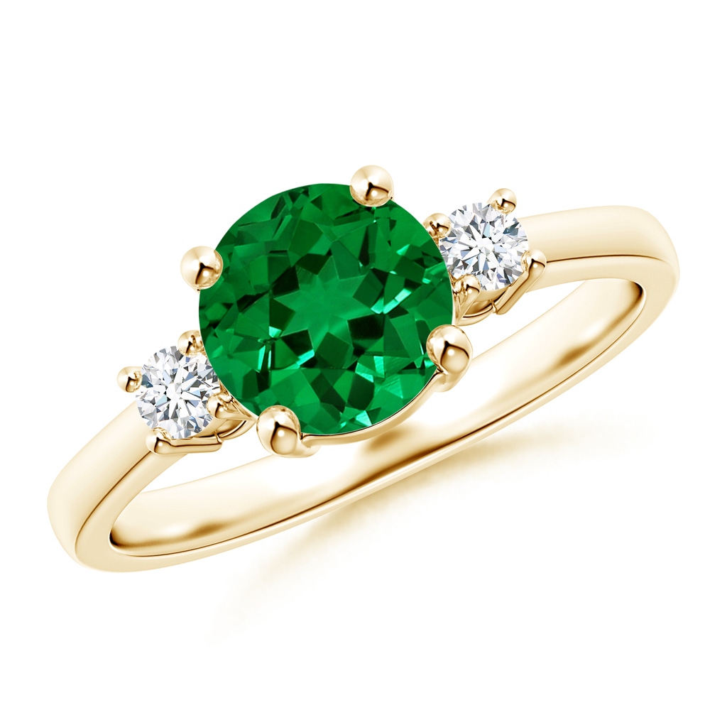 7mm Labgrown Lab-Grown Prong-Set Round 3 Stone Emerald and Lab Diamond Ring in Yellow Gold