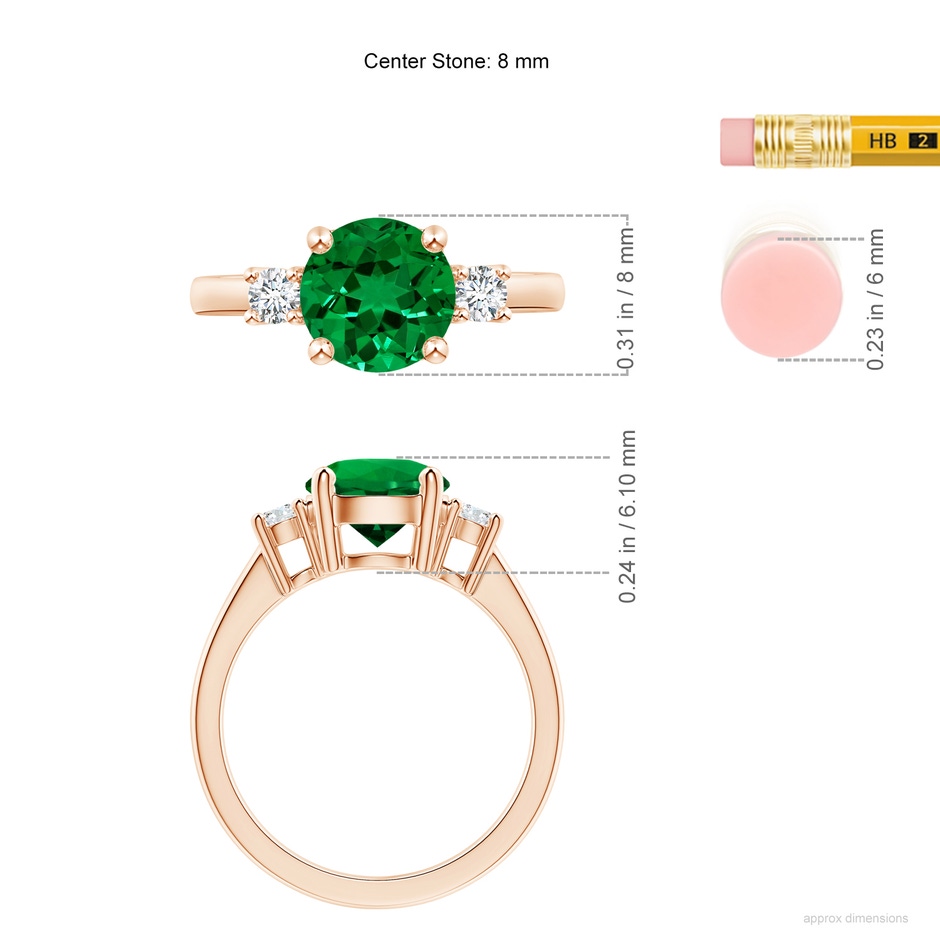 8mm Labgrown Lab-Grown Prong-Set Round 3 Stone Emerald and Lab Diamond Ring in 18K Rose Gold ruler