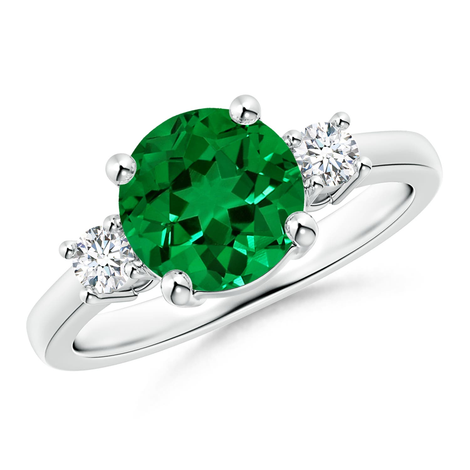 8mm Labgrown Lab-Grown Prong-Set Round 3 Stone Emerald and Lab Diamond Ring in 18CT White Gold