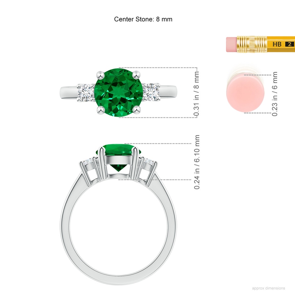 8mm Labgrown Lab-Grown Prong-Set Round 3 Stone Emerald and Lab Diamond Ring in White Gold ruler